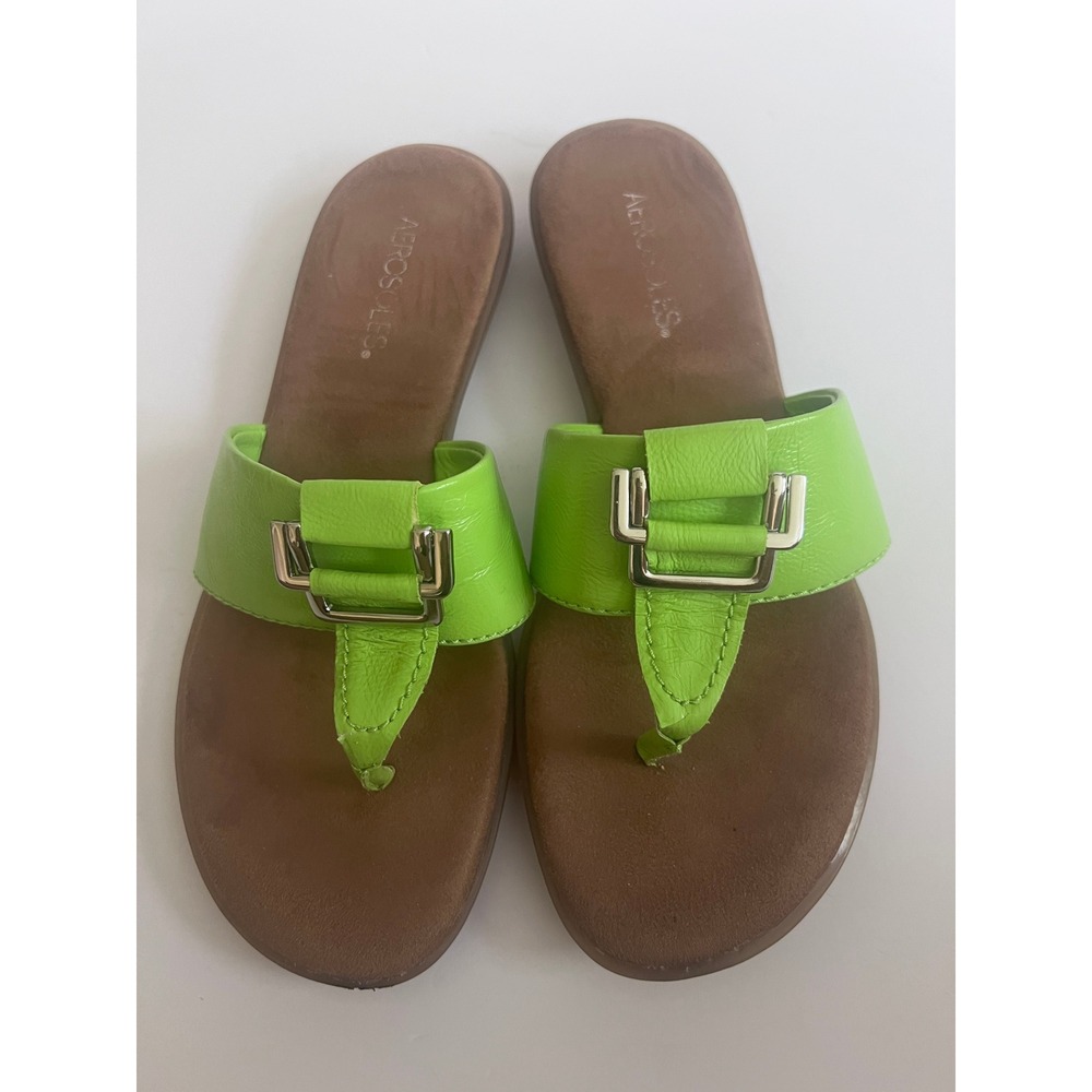Aerosoles Savvy Lime Green Thong Sandals Silver Buckle Slide Women 8.5M
